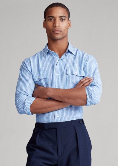 Camisa Polo Ralph Lauren Hombre Azules / Blancos Rayas - Custom Fit Striped Linen - WOSCN0765